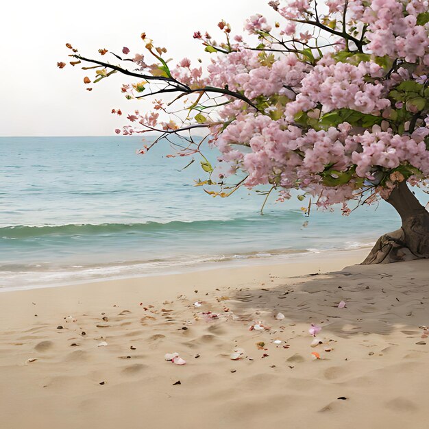 un arbre avec des fleurs roses est dans le sable