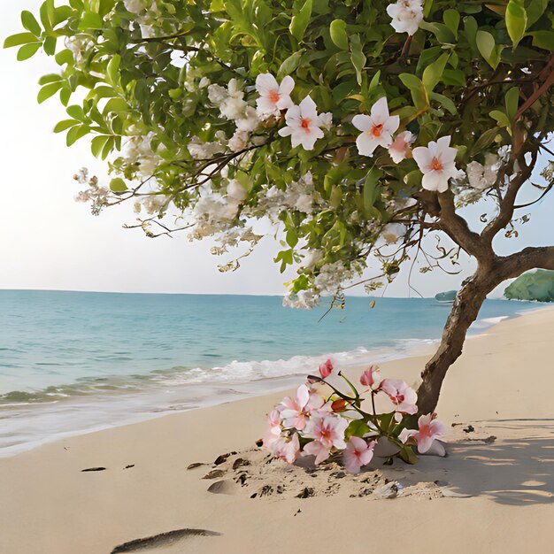 un arbre avec des fleurs roses est dans le sable