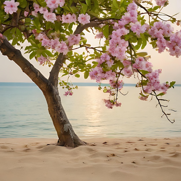 un arbre avec des fleurs roses est dans le sable