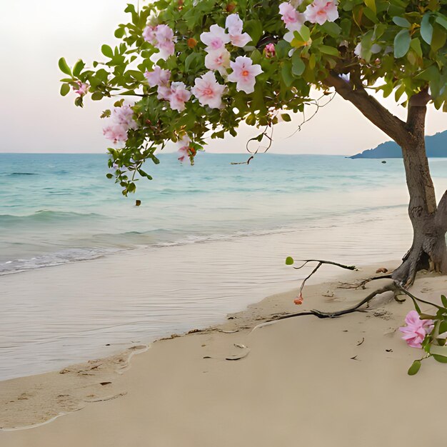 un arbre avec des fleurs roses est dans le sable