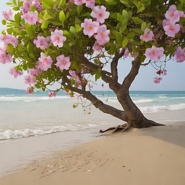 un arbre avec des fleurs roses est dans le sable