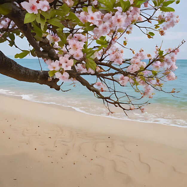 un arbre avec des fleurs roses est dans le sable