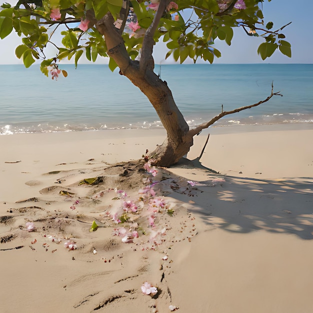 un arbre avec des fleurs roses est dans le sable