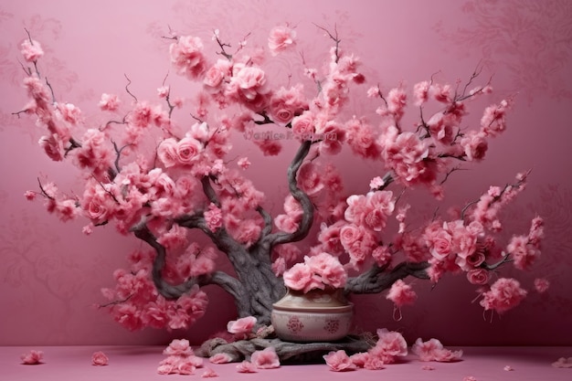 Un arbre à fleurs roses est dans un vase avec des fleurs roses.