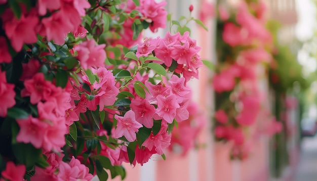 Un arbre avec des fleurs roses est devant un bâtiment