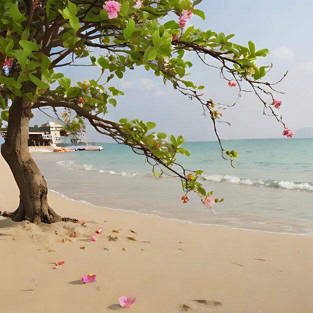 Un arbre avec des fleurs roses est sur la plage.