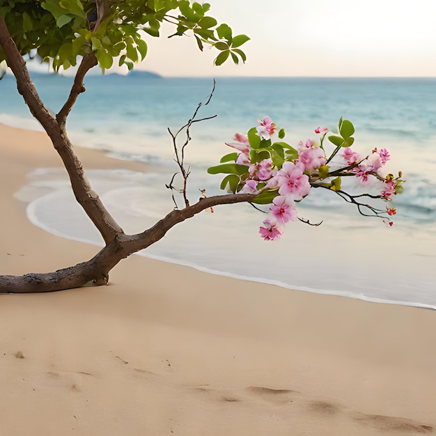 Un arbre avec des fleurs roses est sur la plage.