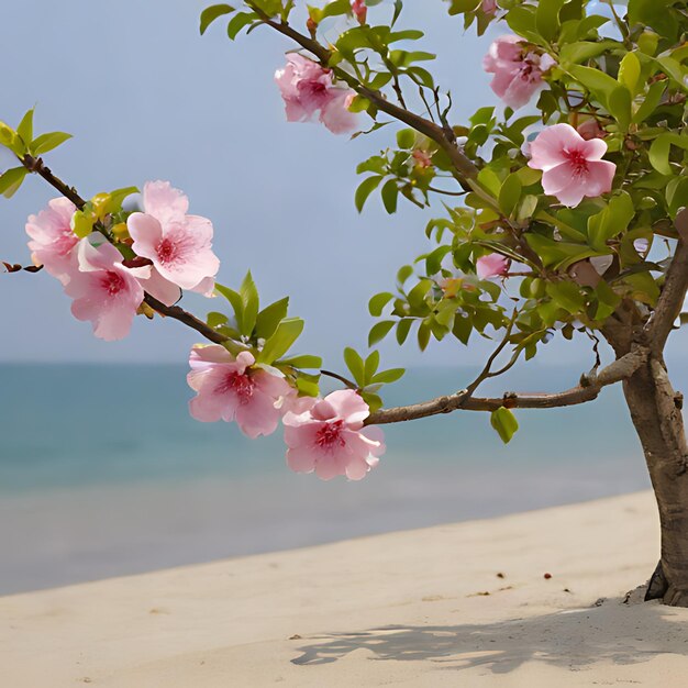 Photo un arbre avec des fleurs roses est sur la plage.