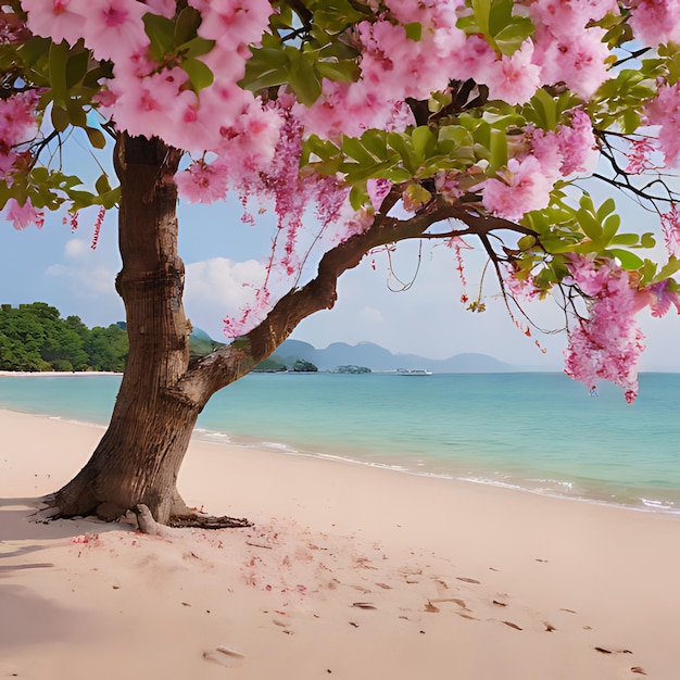 Un arbre avec des fleurs roses est sur une plage.