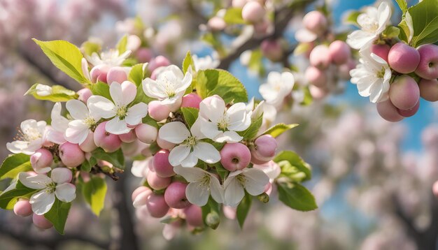 Photo un arbre avec des fleurs roses et des feuilles vertes et un ciel bleu derrière lui