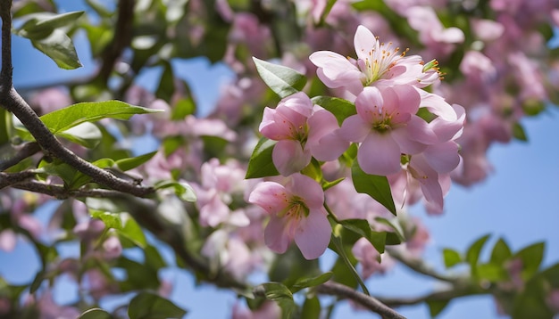 un arbre avec des fleurs roses et des feuilles vertes