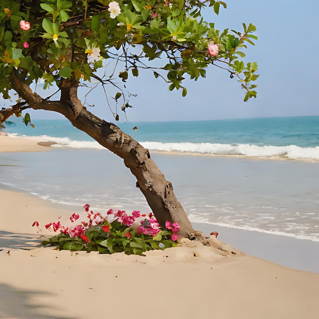 Photo un arbre avec des fleurs roses sur la plage et l'océan en arrière-plan