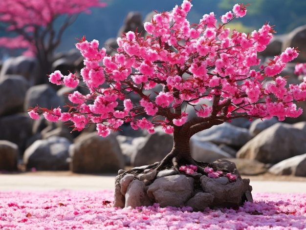 un arbre avec des fleurs roses qui poussent sur un rocher