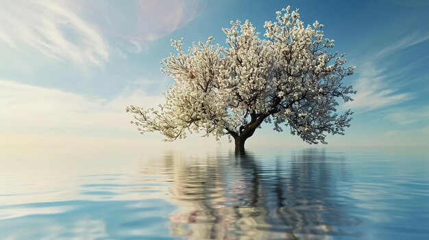 L'arbre à fleurs sereine réfléchissant sur l'eau éthérée