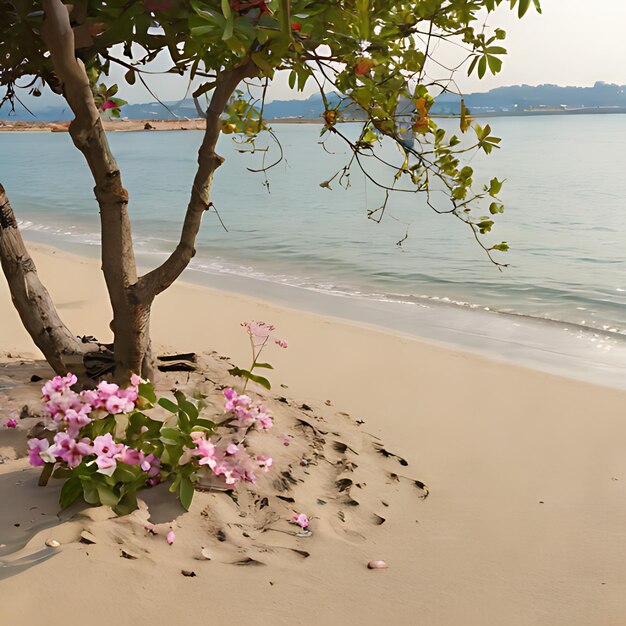 Photo un arbre avec des fleurs violettes dans le sable et l'océan en arrière-plan