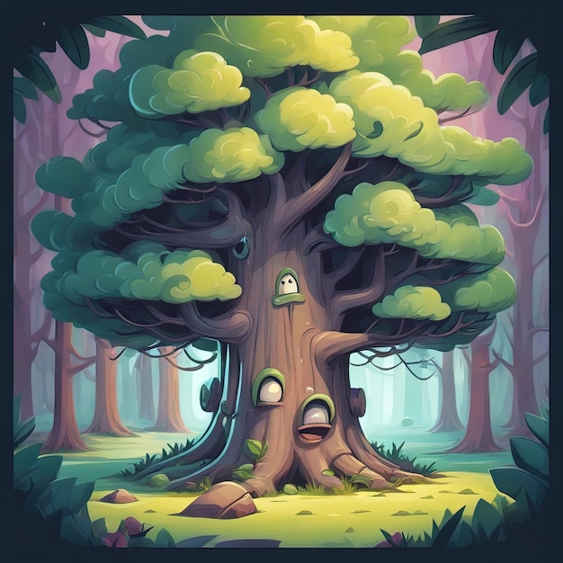 arbre forestier avec illustration de maison en boisarbre forestier avec grand arbre vert dans l'illustration de la nature