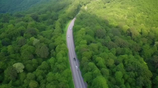 Arbre forestier vue de dessus aérienne avec concept d'environnement d'écosystème de voiture Route de campagne traversant la forêt verte et la montagne