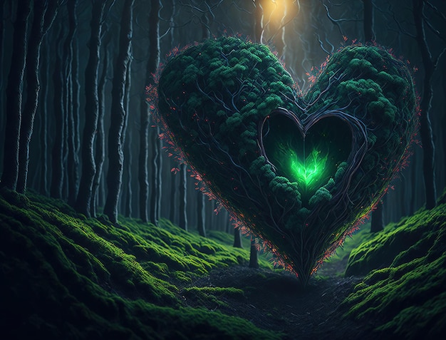 Un arbre en forme de coeur dans la forêt avec un coeur vert dessus.