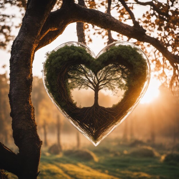 Photo arbre en forme de coeur et herbe consommation responsable écologie écologique et concept zéro déchet