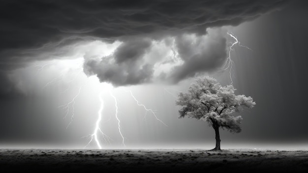 Arbre frappé par la foudre dans une tempête