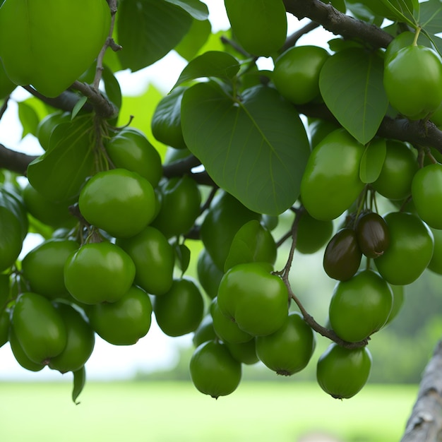 Un arbre avec des fruits verts et des feuilles vertes