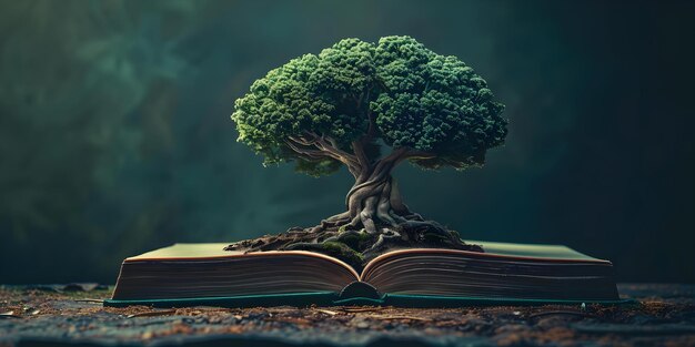 Un arbre futuriste en forme de cerveau humain poussant d'un livre Concept Art surréaliste Design futuriste Arbre cérébral Inspiration littéraire Nature et technologie