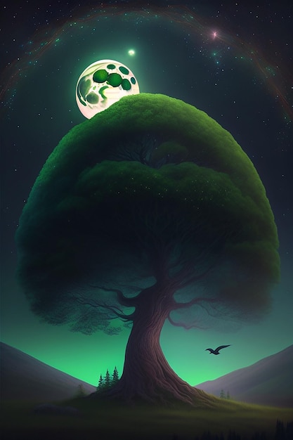 Un arbre géant avec de nombreuses branches vert lune nuit witchy