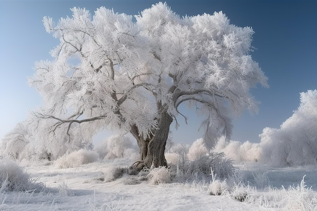 Arbre gelé sur le champ d'hiver et le ciel bleu