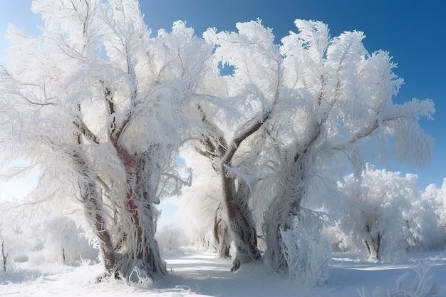 Arbre gelé sur le champ d'hiver et le ciel bleu