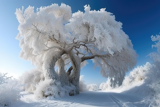 Arbre gelé sur le champ d'hiver et le ciel bleu