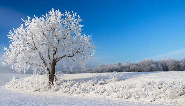 Arbre gelé sur champ d'hiver et ciel bleu