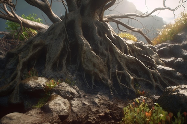 Un arbre avec un grand tronc et un grand arbre avec un grand tronc blanc et une grande fleur rouge sur le fond.