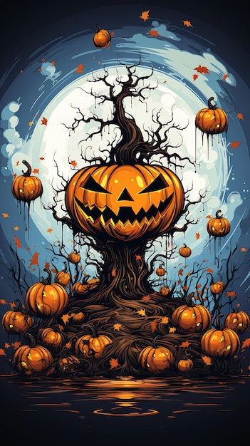 Arbre d'Halloween plein de citrouilles sous la pleine lune