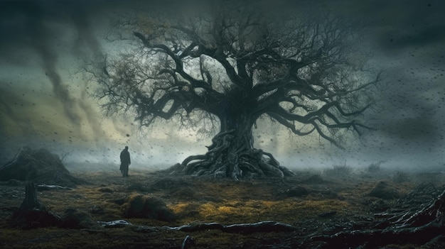 Un arbre avec un homme debout devant lui