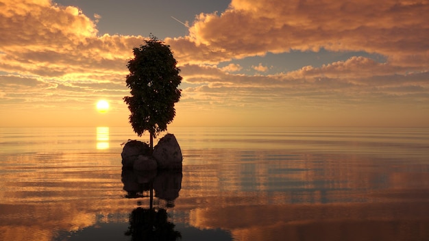 arbre sur une île au milieu d'un lac beau paysage illustration 3D rendu cg