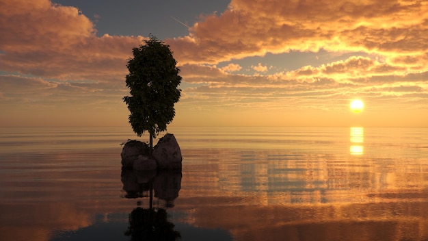 arbre sur une île au milieu d'un lac beau paysage illustration 3D rendu cg