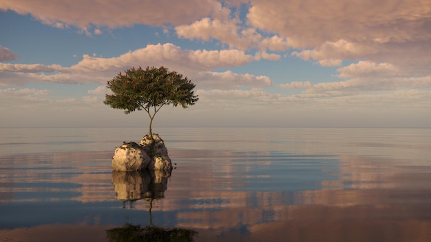 arbre sur une île au milieu d'un lac beau paysage illustration 3D rendu cg