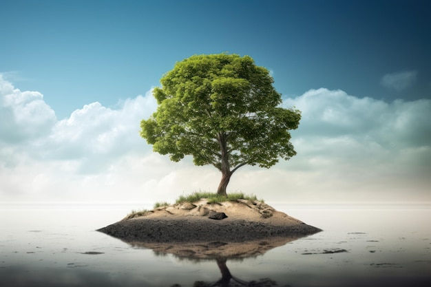 Un arbre sur une île avec un ciel bleu et des nuages