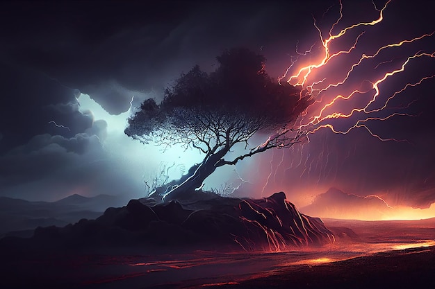 Un arbre sur une île rocheuse avec des éclairs et des éclairs