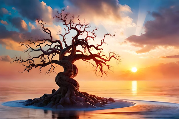 Un arbre sur une île avec le soleil couchant derrière lui