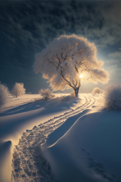 Arbre isolé au milieu d'un champ neigeux ai générative