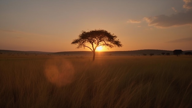 Un arbre isolé dans la savane au coucher du soleil