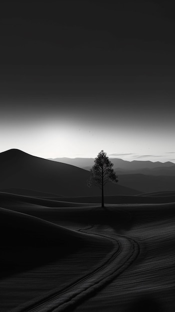 Un arbre isolé se dresse dans le désert avec le coucher de soleil derrière lui.