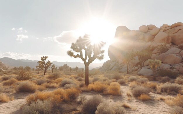 Photo arbre de josué dans le désert avec le soleil qui brille à travers les nuages ai génératif