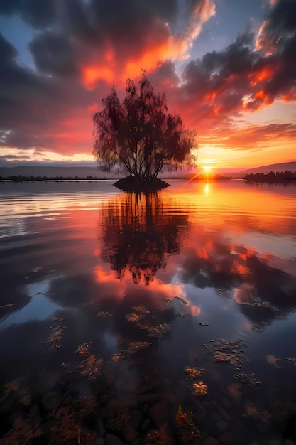 Un arbre sur un lac au coucher du soleil