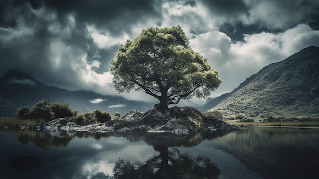 Un arbre sur un lac avec des montagnes en arrière-plan