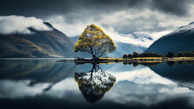 Un arbre sur un lac avec des montagnes en arrière-plan