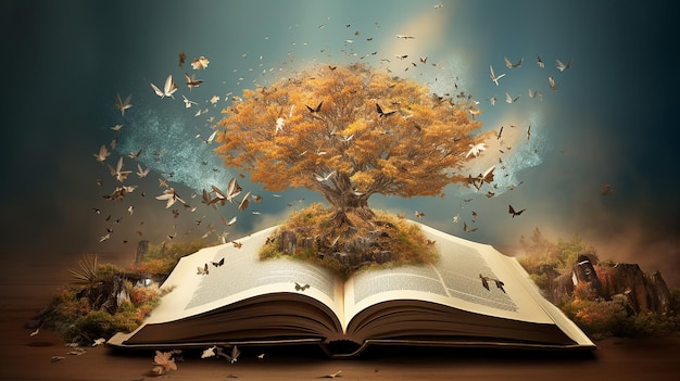 un arbre avec un livre sur ses pages