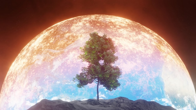 Arbre sur la lune avec fond de terre brûlante