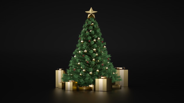 Arbre de luxe de Noël avec des coffrets cadeaux dorés